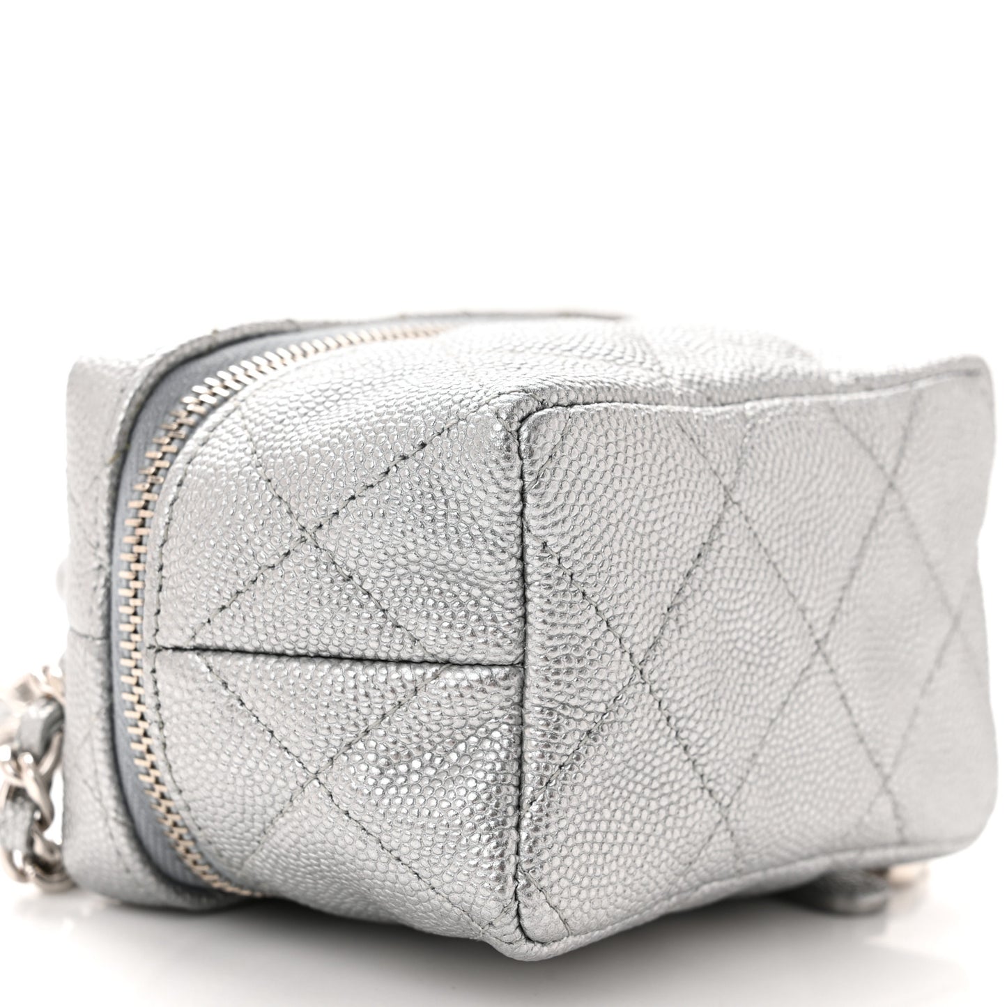 Metallic Caviar Quilted Mini Top Handle Vanity With Chain Silver