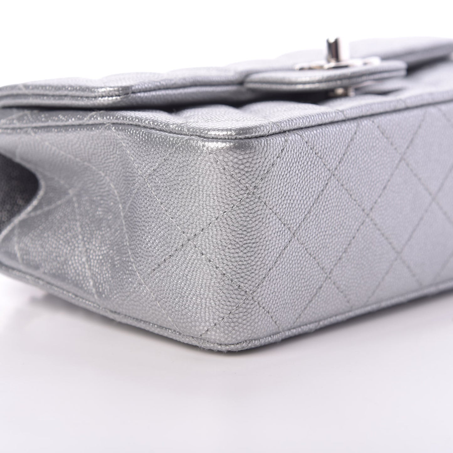 Metallic Caviar Quilted Mini Top Handle Rectangular Flap Silver