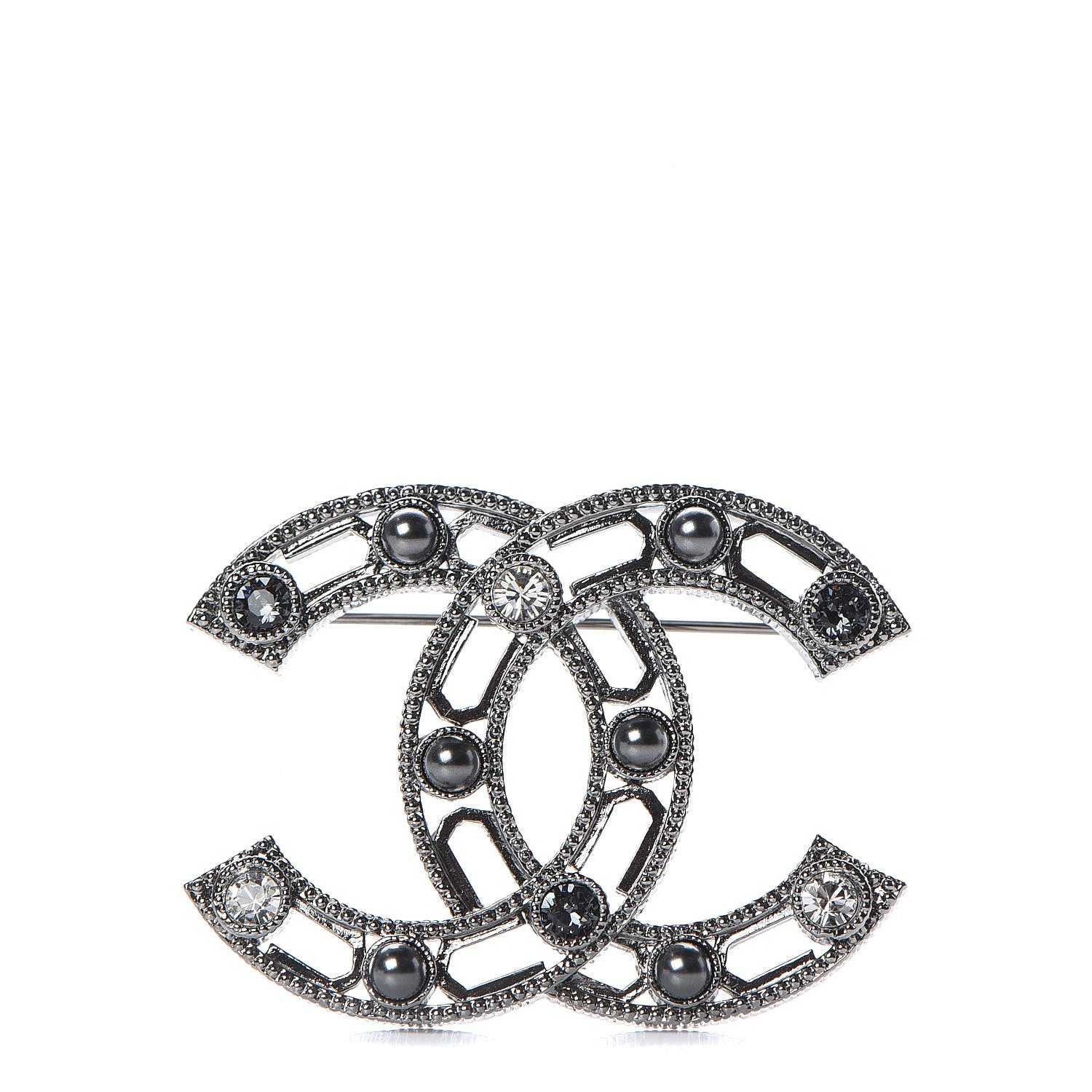 Chanel Ruthenium Pearl Crystal CC Brooch Silver 1 of 4