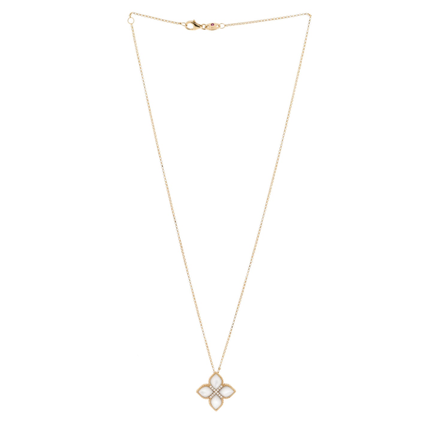 18K Yellow Gold Diamond Mother of Pearl Venetian Princess Medium Flower Pendant Necklace