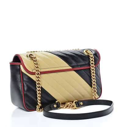Gucci Vintage Effect Calfskin Matelasse Diagonal Striped Small Torchon GG Marmont Shoulder Bag Black Beige 2 of 9