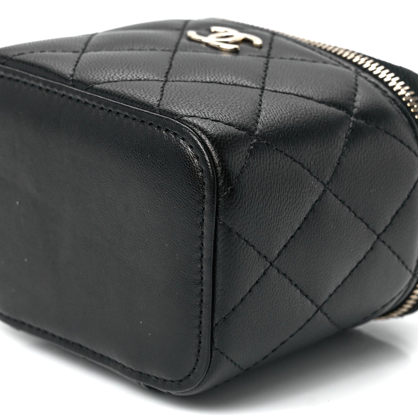 Lambskin Quilted Top Handle Mini Vanity Case With Chain Black