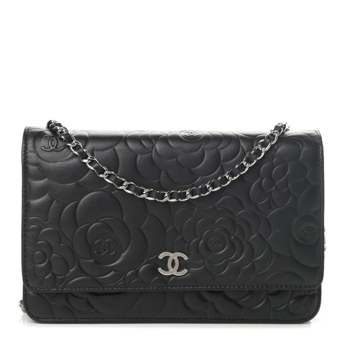 Lambskin Camellia Embossed Wallet on Chain WOC Black
