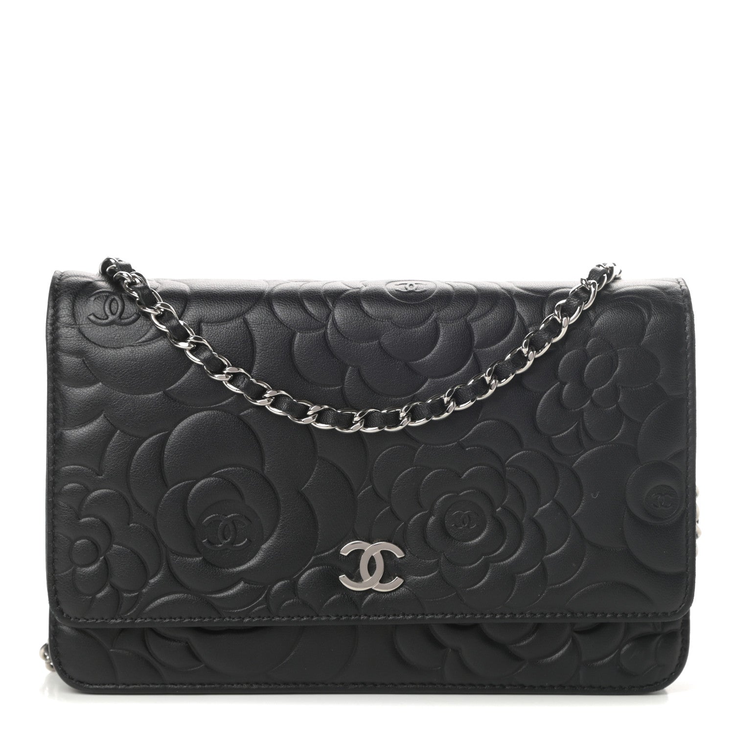 Chanel Lambskin Camellia Embossed Wallet on Chain WOC Black 1 of 13