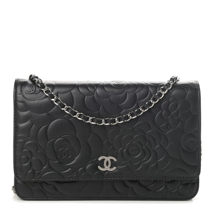 Chanel Lambskin Camellia Embossed Wallet on Chain WOC Black 1 of 13