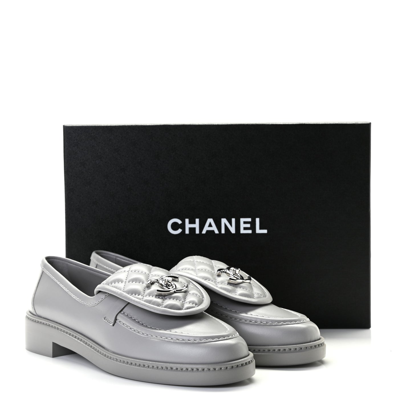 Lambskin Quilted CC Turnlock Loafers 38 Grey