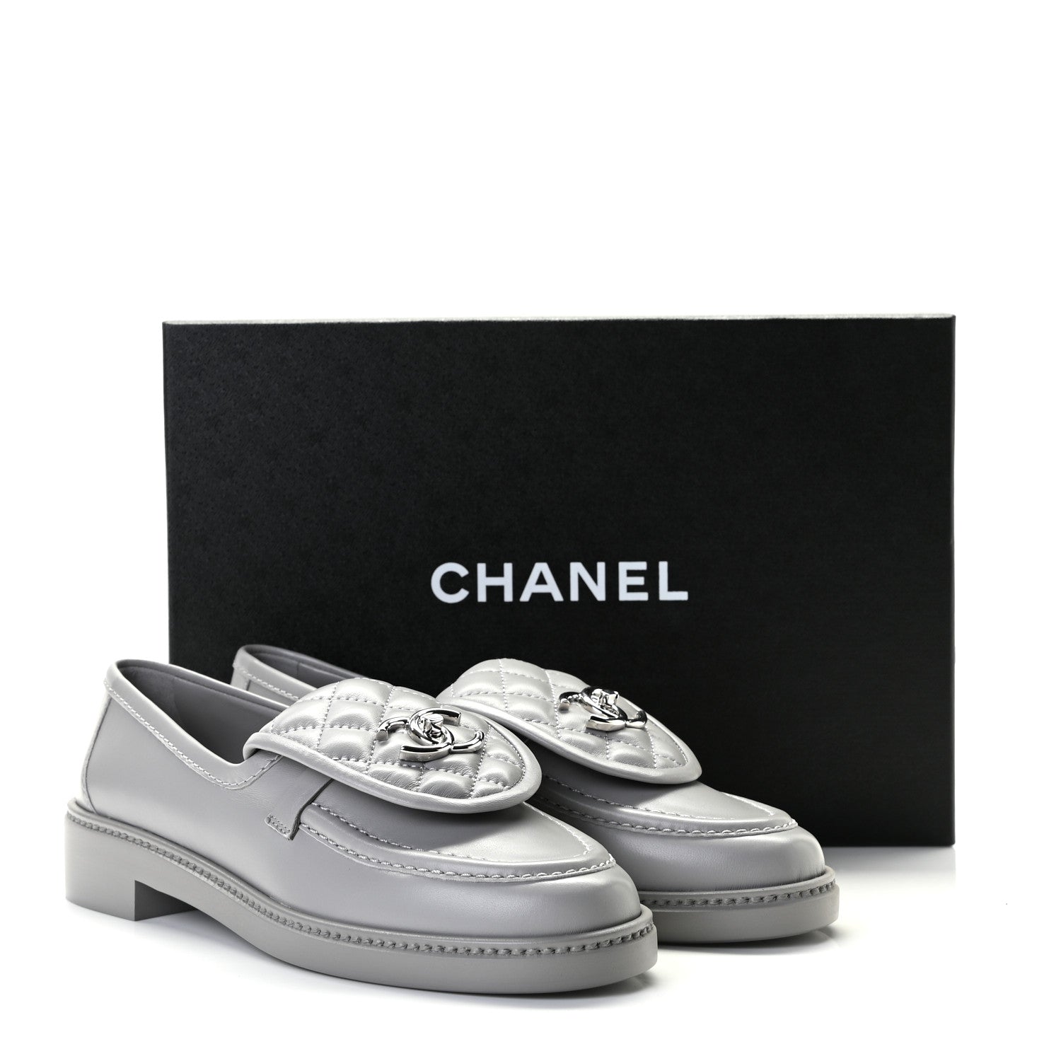 Chanel Lambskin Quilted CC Turnlock Loafers 38 Grey 9 of 9