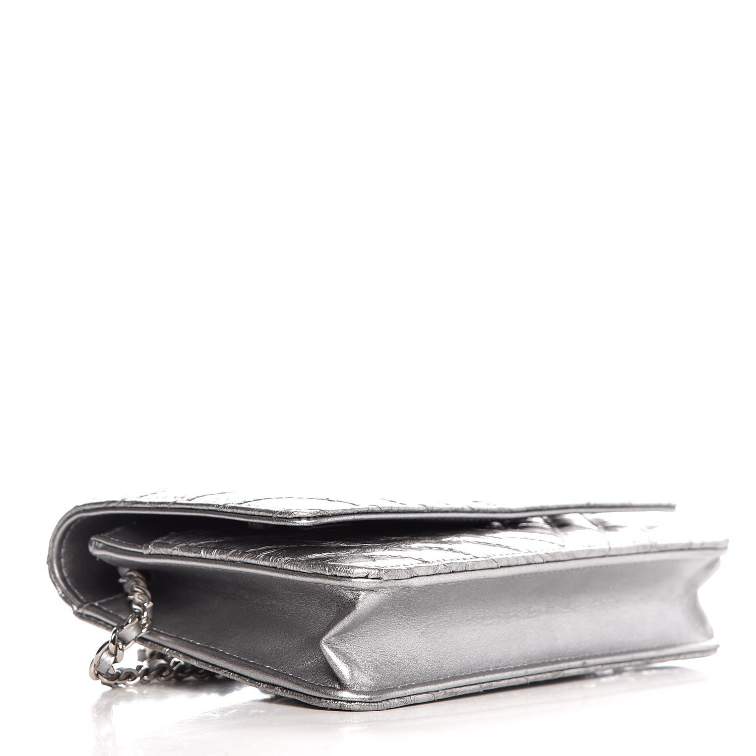 Chanel Patent Metallic Crumpled Calfskin Chevron Quilted Wallet On Chain WOC Silver 4 of 8