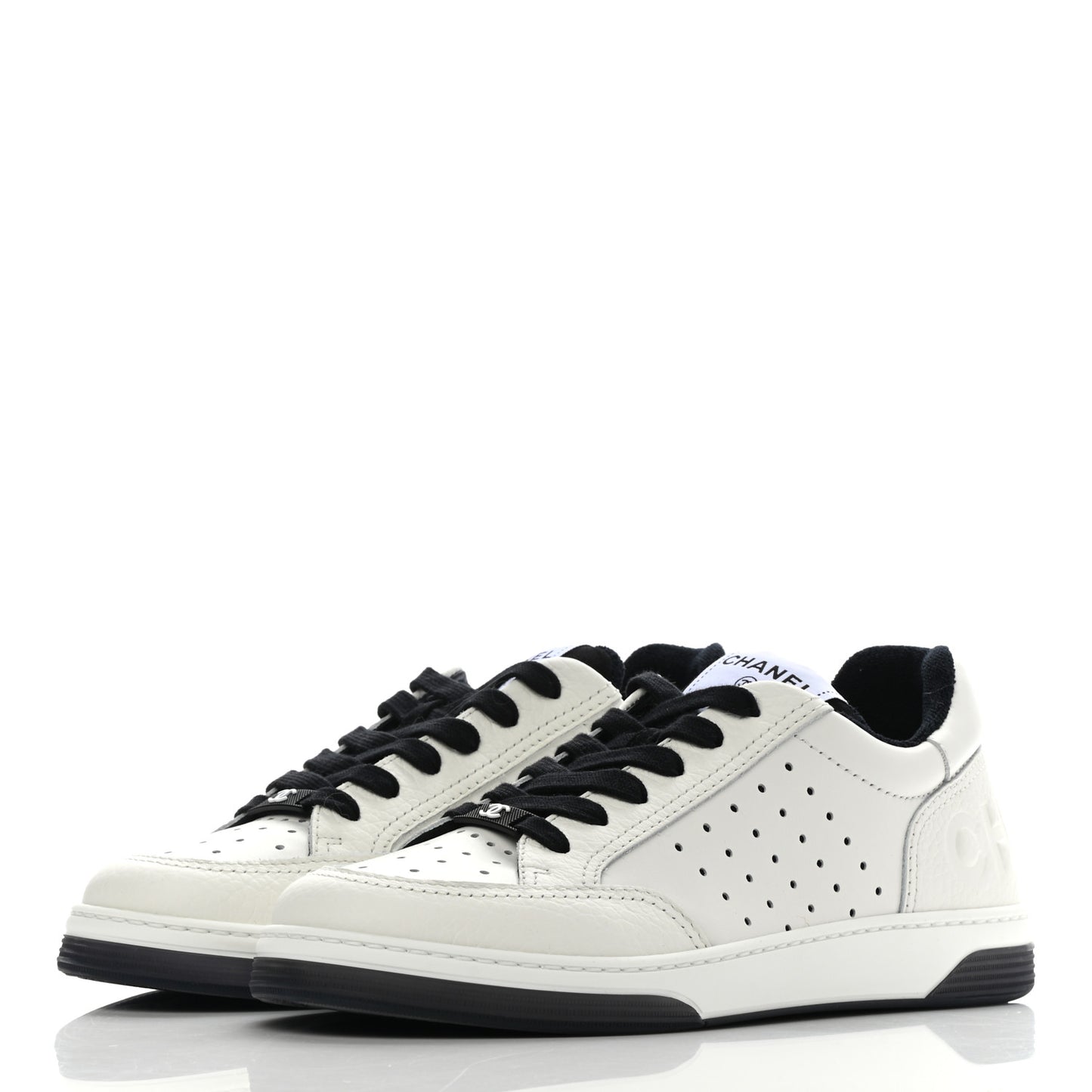 Grained Calfskin Fabric Womens Logo Sneakers 38.5 White Black