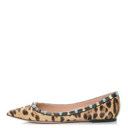 Valentino Garavani Calf Hair Leopard Print Rockstud Rolling Ballerina Flats 38 Champagne Testa di Moro 1 of 8