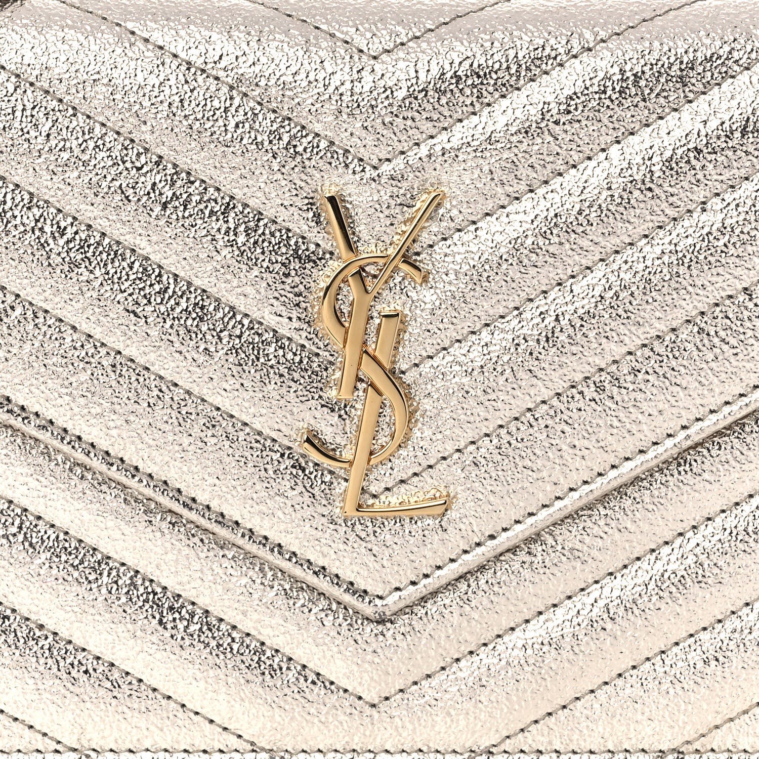 Saint Laurent Metallic Crackled Calfskin Matelasse Chevron Monogram Envelope Chain Wallet Gold 6 of 11