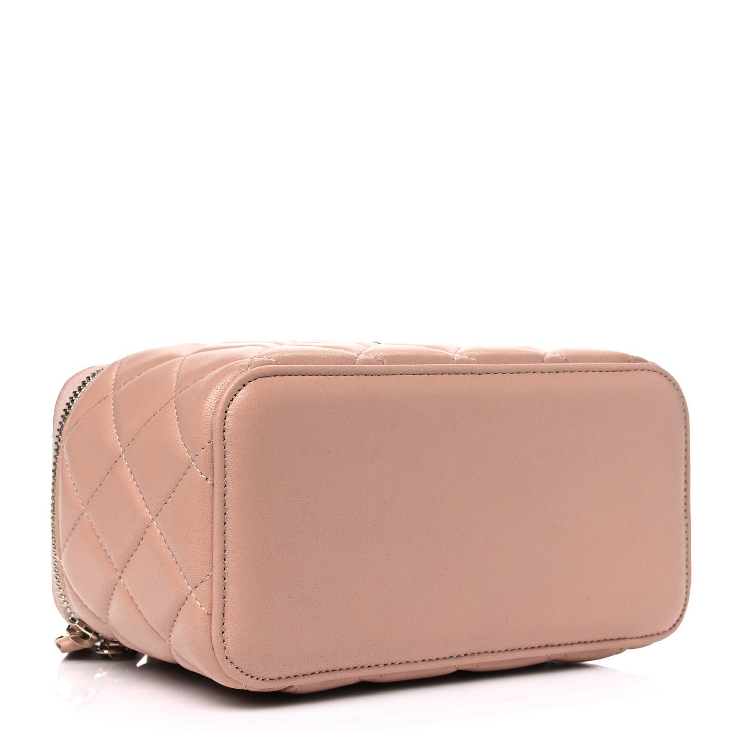 Lambskin Quilted Small Top Handle Vanity Case With Chain Beige