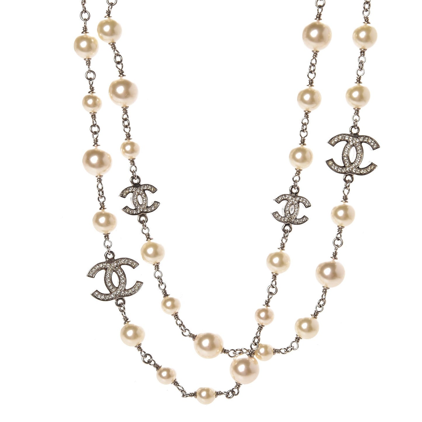 Crystal Pearl CC Long Necklace Silver