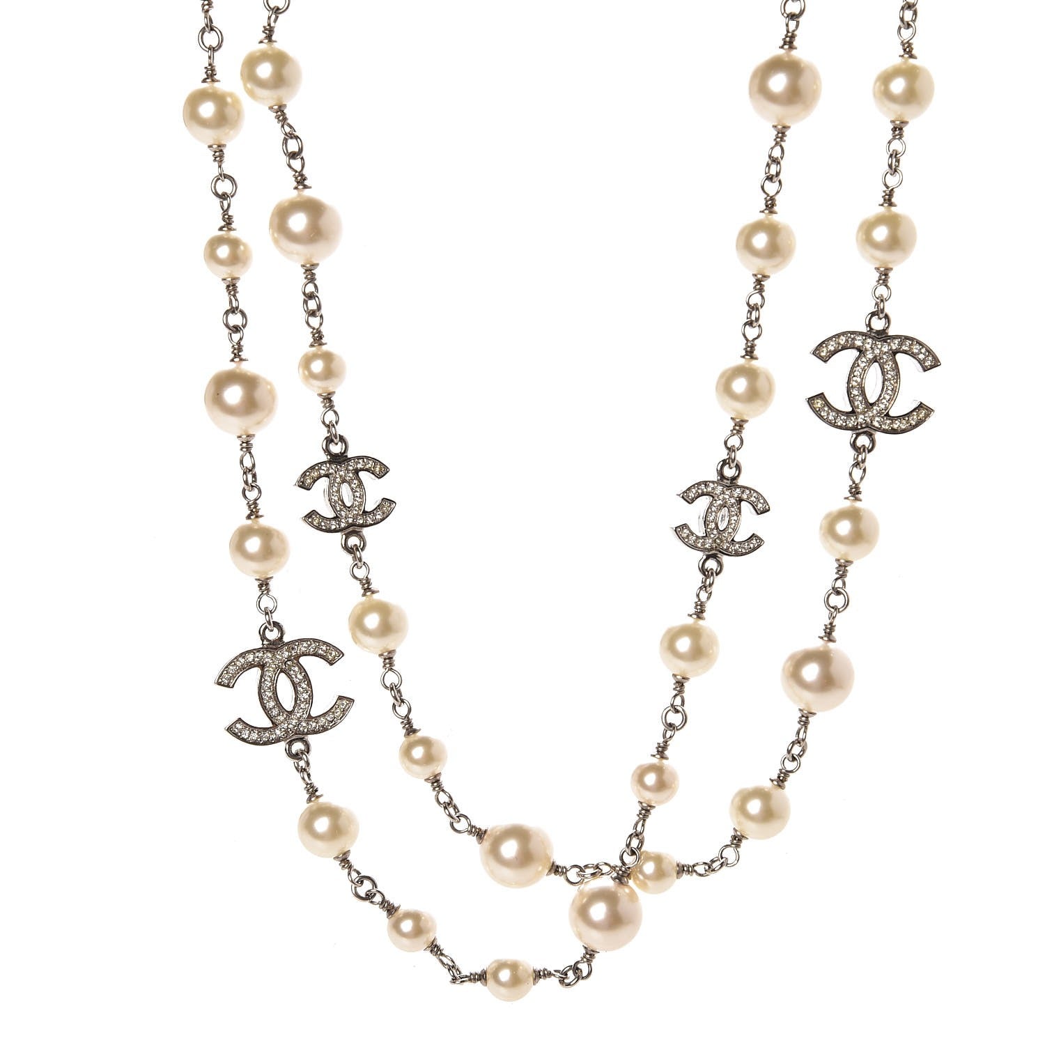 Chanel Crystal Pearl CC Long Necklace Silver 1 of 3