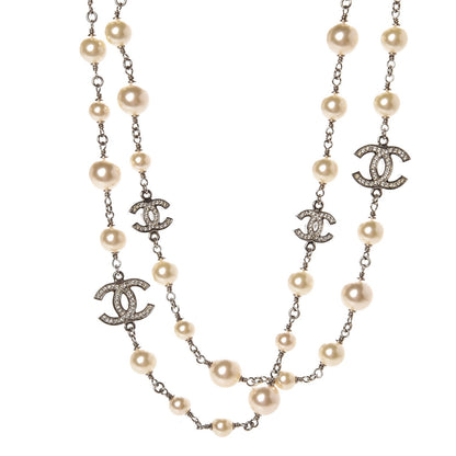 Chanel Crystal Pearl CC Long Necklace Silver 1 of 3