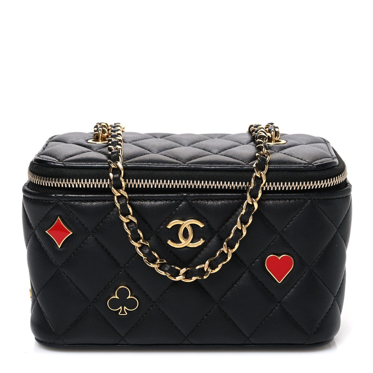 Lambskin Quilted Enamel Coco Casino Small Vanity Case With Chain Black