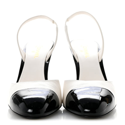 Chanel Lambskin Patent Cap Toe CC Apple Slingback Pumps 41 White Black 3 of 8