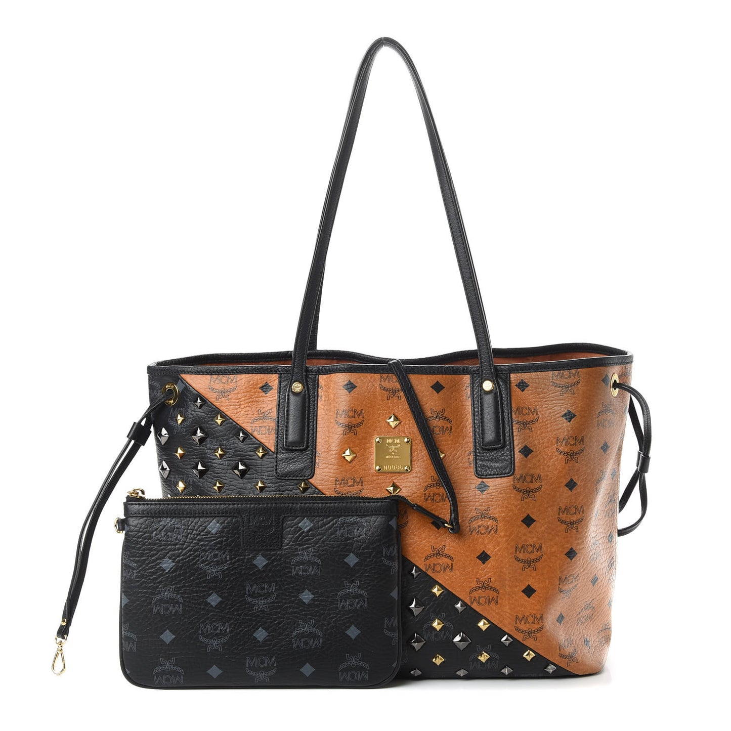 Visetos Studded Medium Bi-Color Shopper Tote Black Cognac