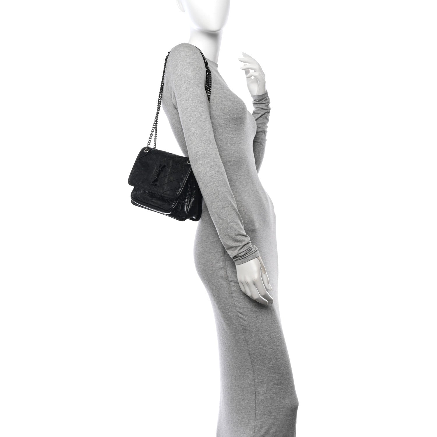 Saint Laurent Crinkled Lambskin Matelasse Monogram Baby Niki Chain Satchel Black 2 of 12