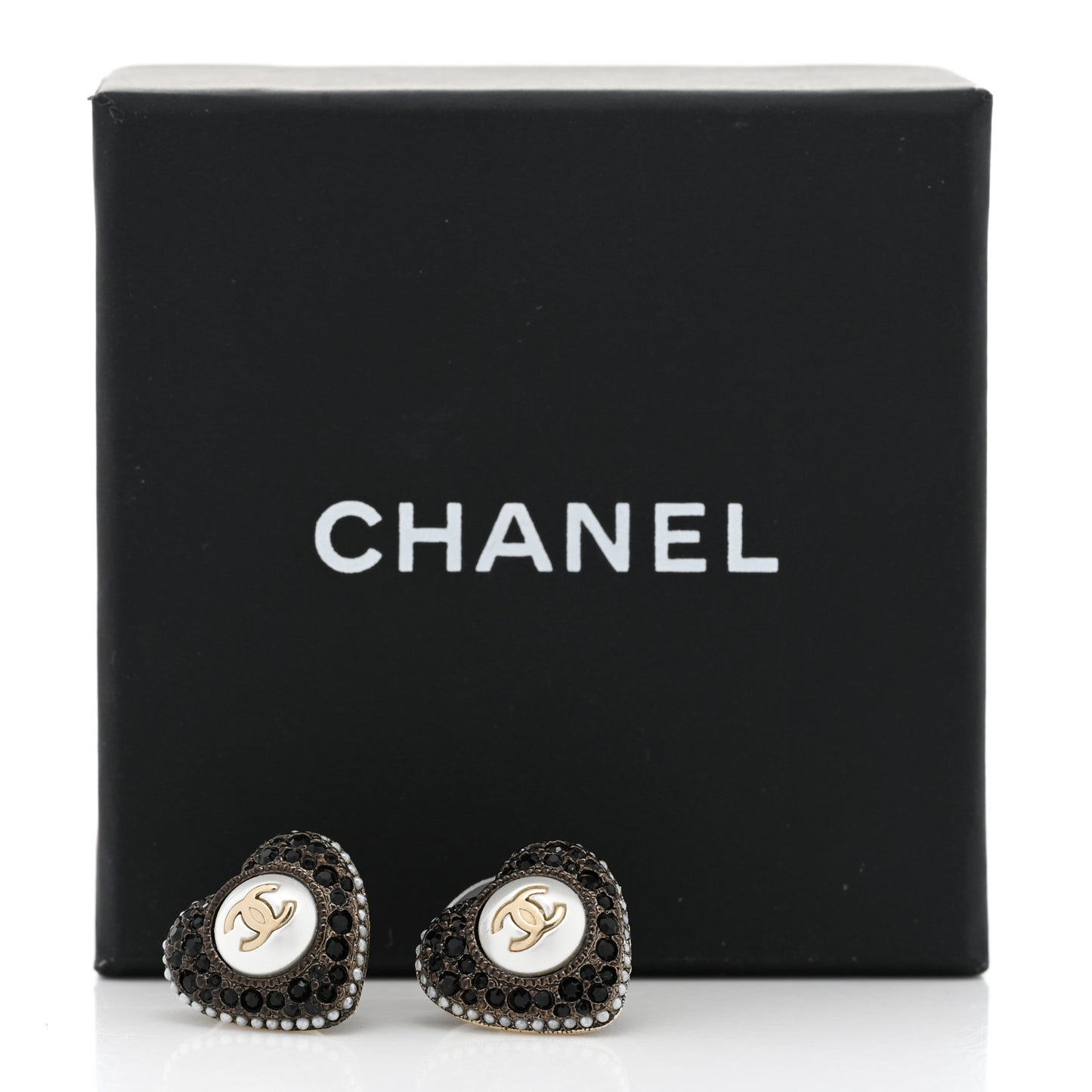Pearl Crystal CC Heart Earrings Gold Black