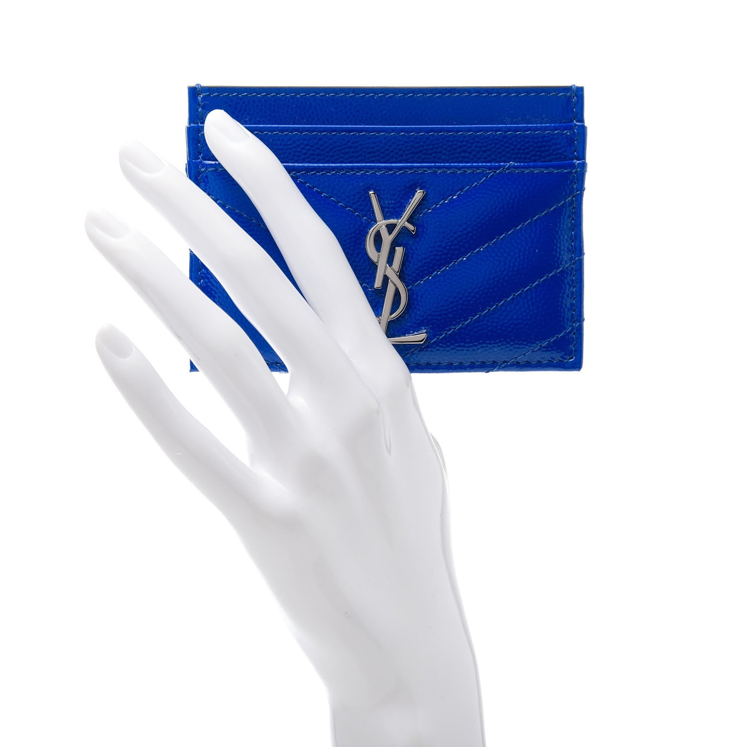 Saint Laurent Patent Grain De Poudre Matelasse Monogram Credit Card Case Blue Majorelle 2 of 8