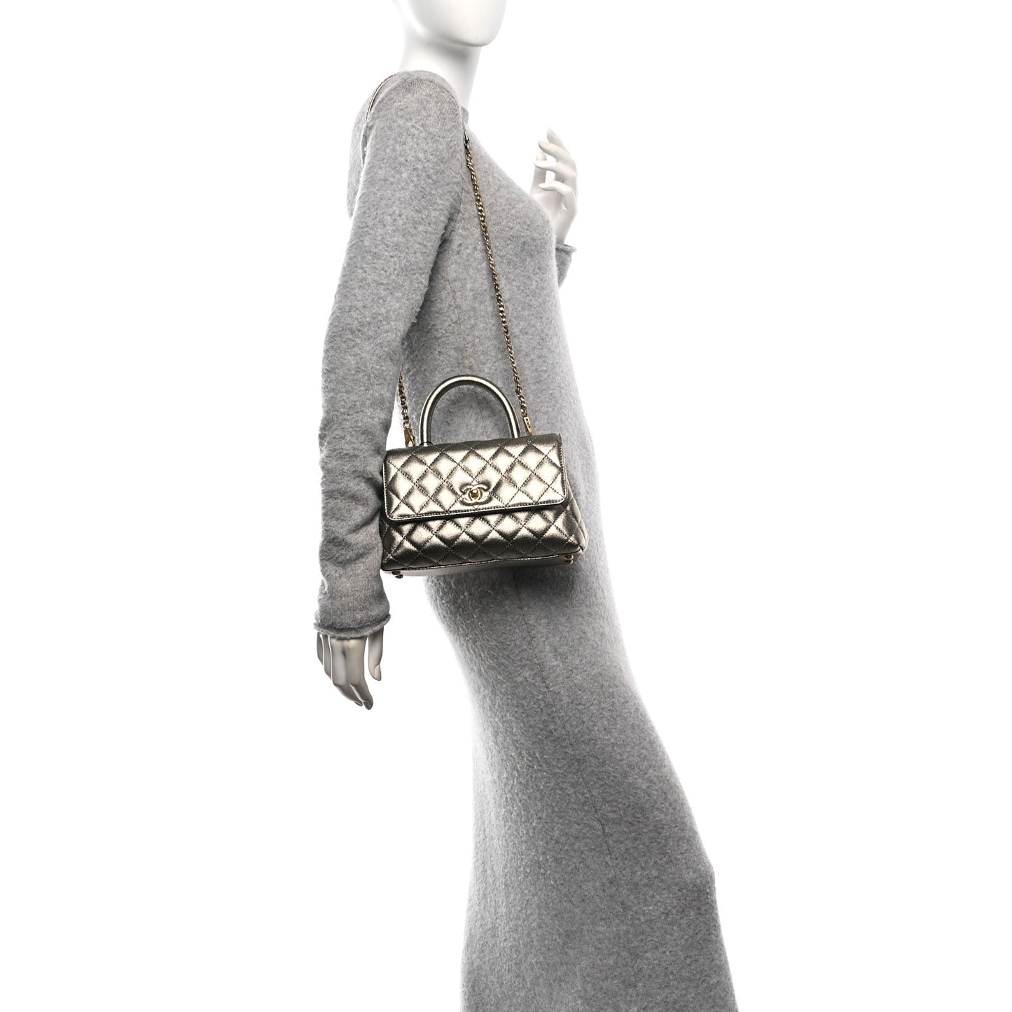 Metallic Caviar Quilted Mini Coco Handle Flap Silver