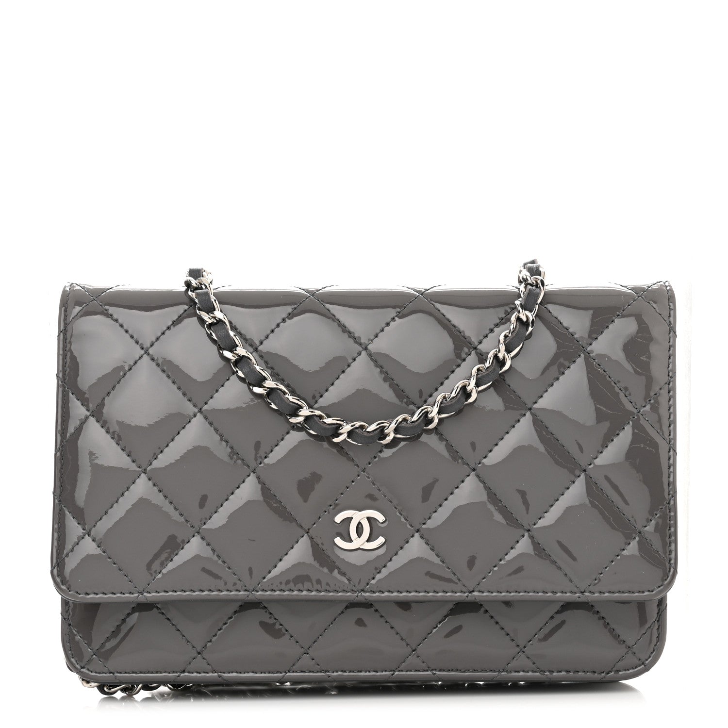 Chanel Patent Quilted Wallet On Chain WOC Grey 1 of 11
