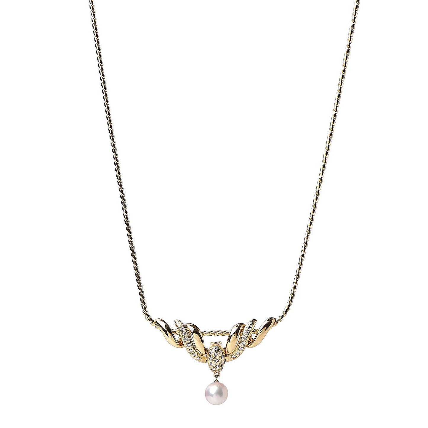 18K Yellow Gold Diamond Akoya Pearl 7.5mm Pendant Necklace