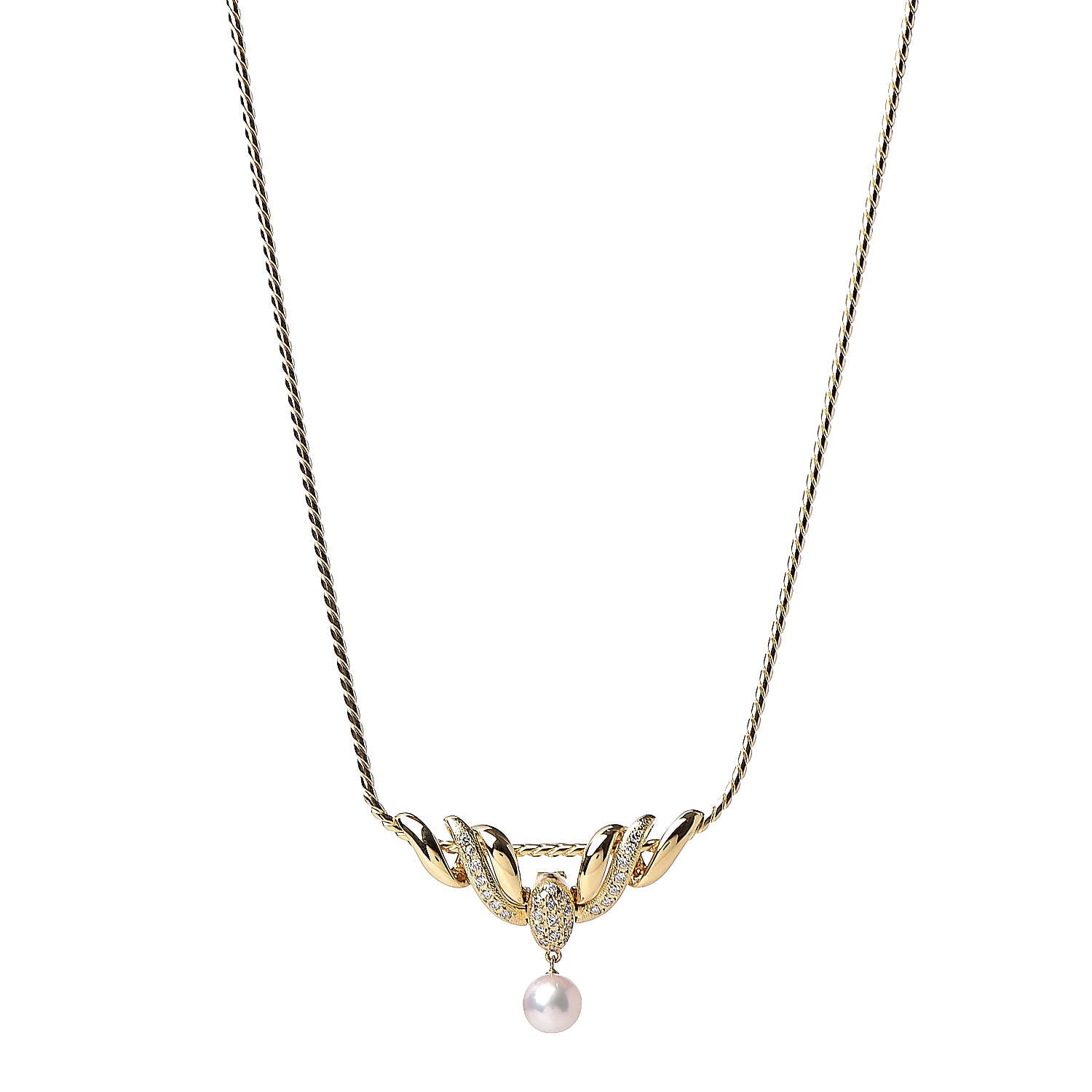 Mikimoto 18K Yellow Gold Diamond Akoya Pearl 7.5mm Pendant Necklace 1 of 5