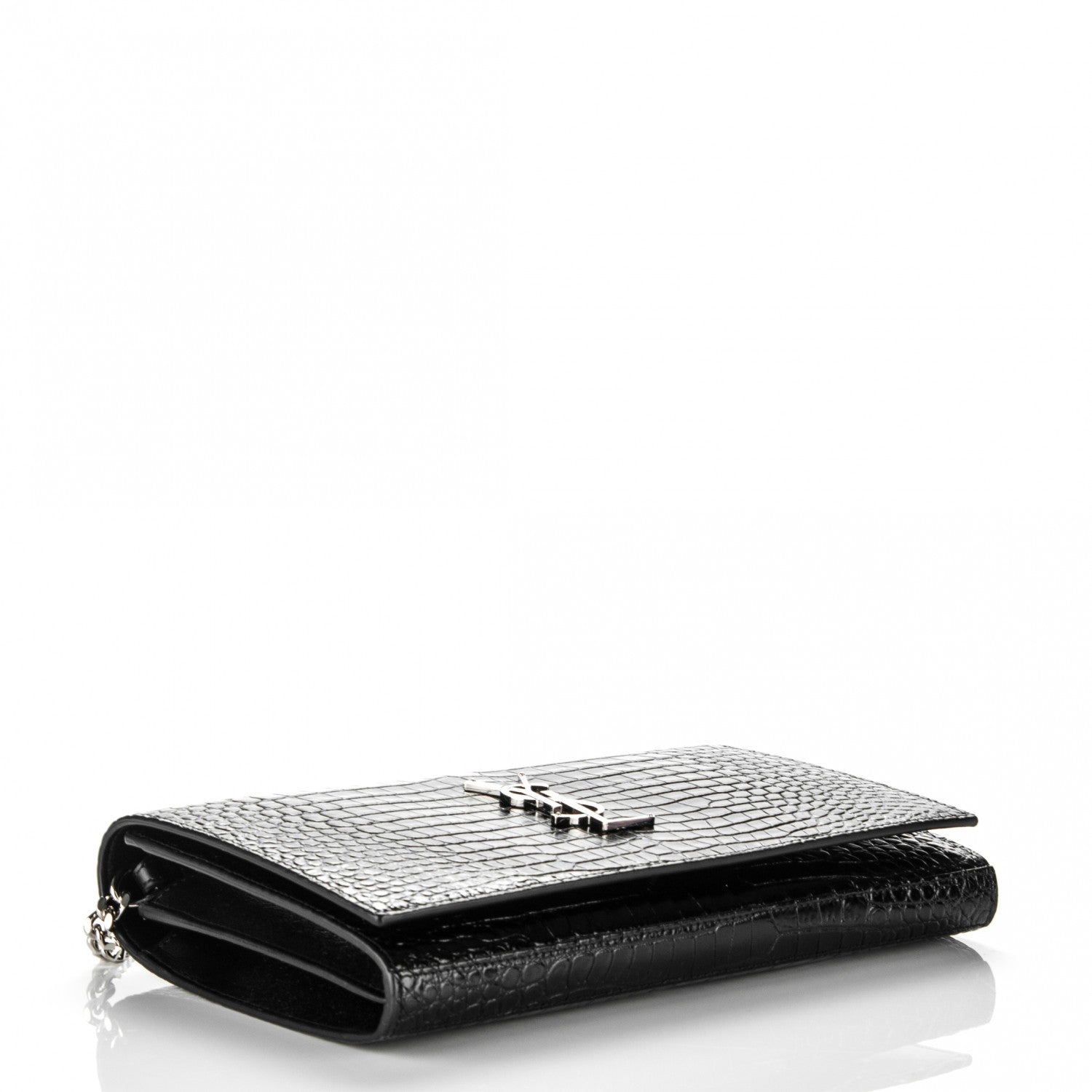 Saint Laurent Calfskin Crocodile Embossed Monogram Chain Wallet Nero Black 4 of 6