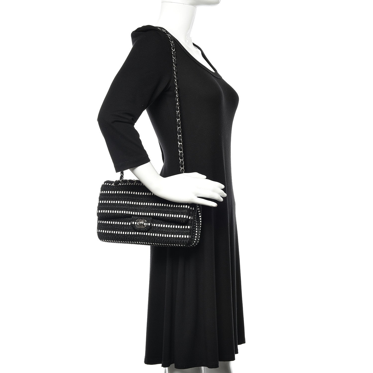 Chanel Tweed Ribbon Medium Double Flap Black White 2 of 10