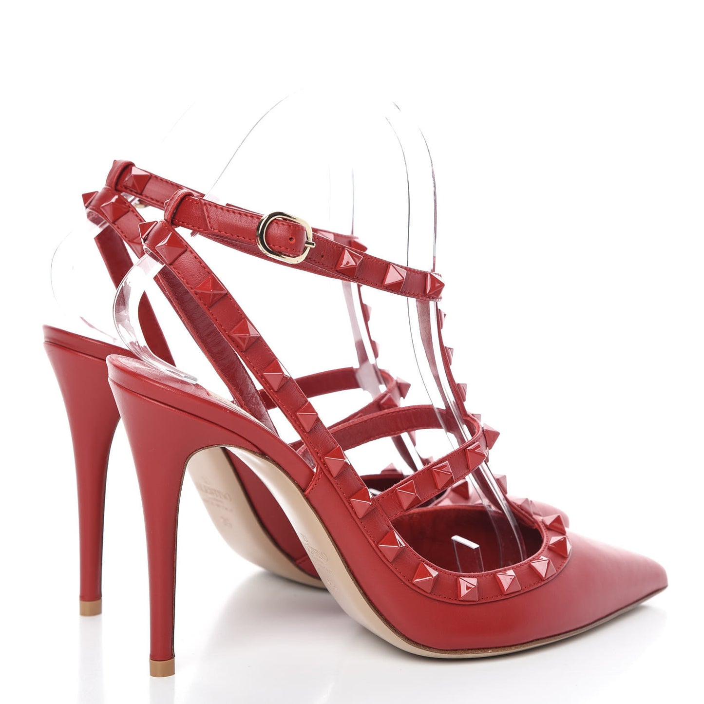 Calfskin Lacquered Monochrome Rockstud Ankle Strap 100mm Pumps 38 Rosso Valentino
