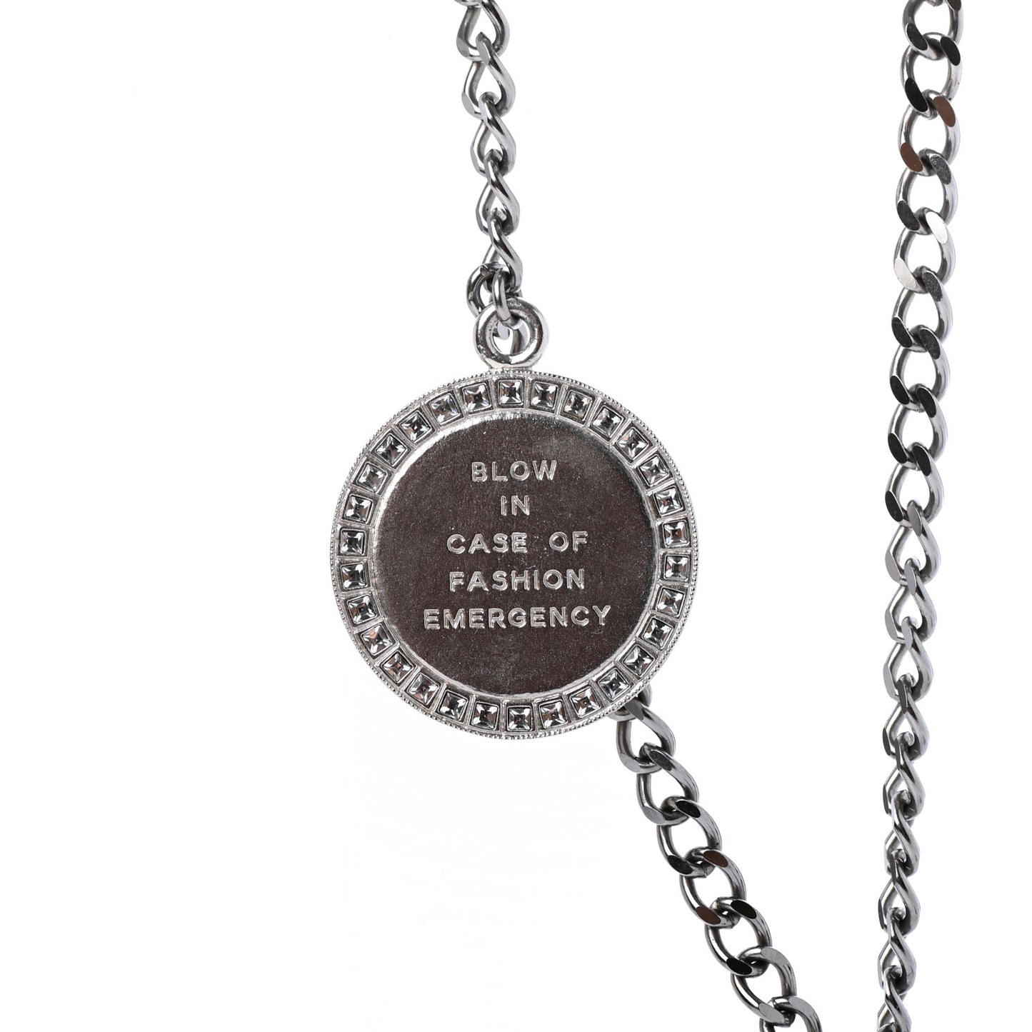 Crystal Baguette CC Whistle Pendant Necklace Silver