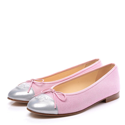 Chanel Iridescent Fabric Lambskin Cap Toe Ballerina Flats 37.5 Pink Light Grey 3 of 11