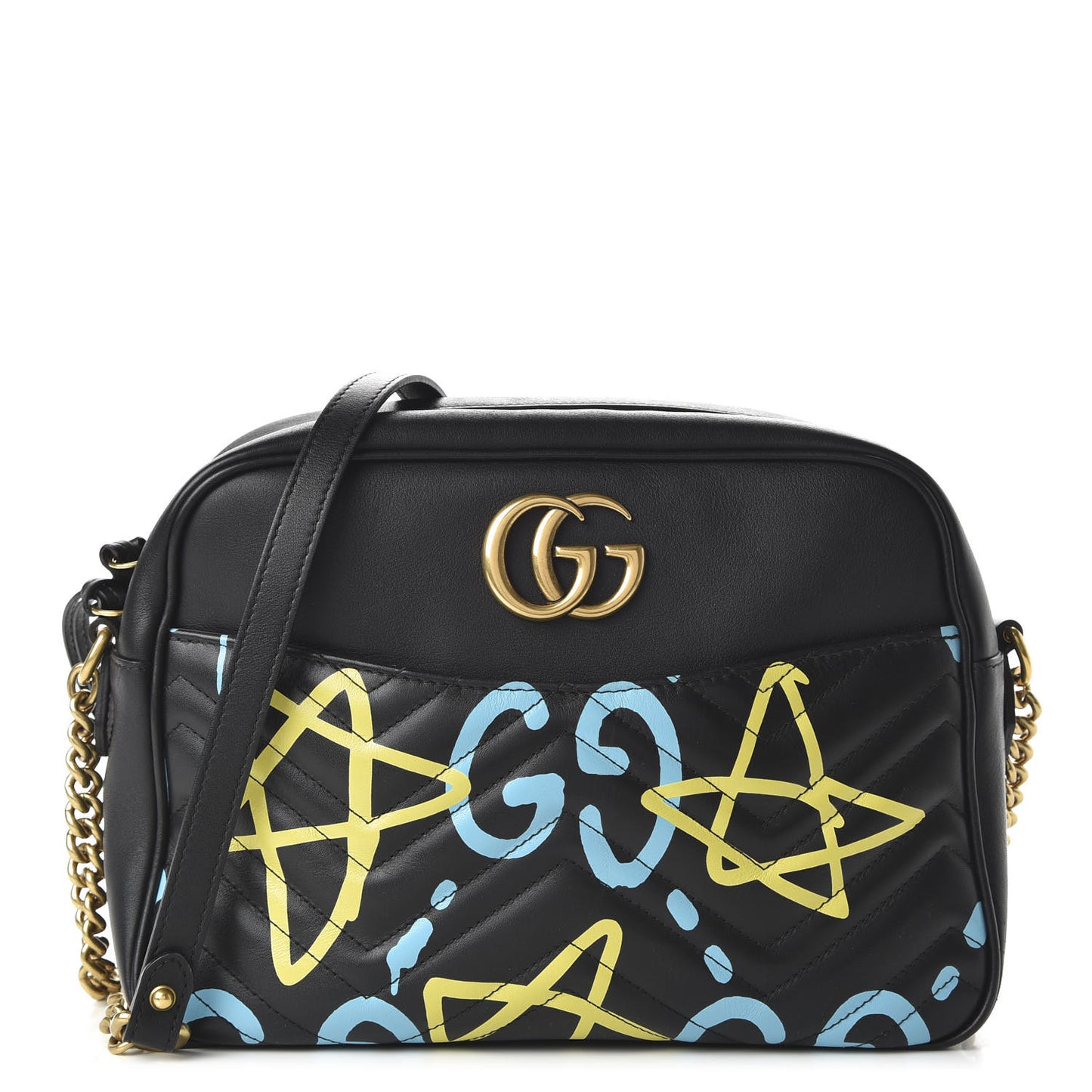 Calfskin Matelasse GucciGhost Medium GG Marmont Chain Shoulder Bag Black New Acquamarine