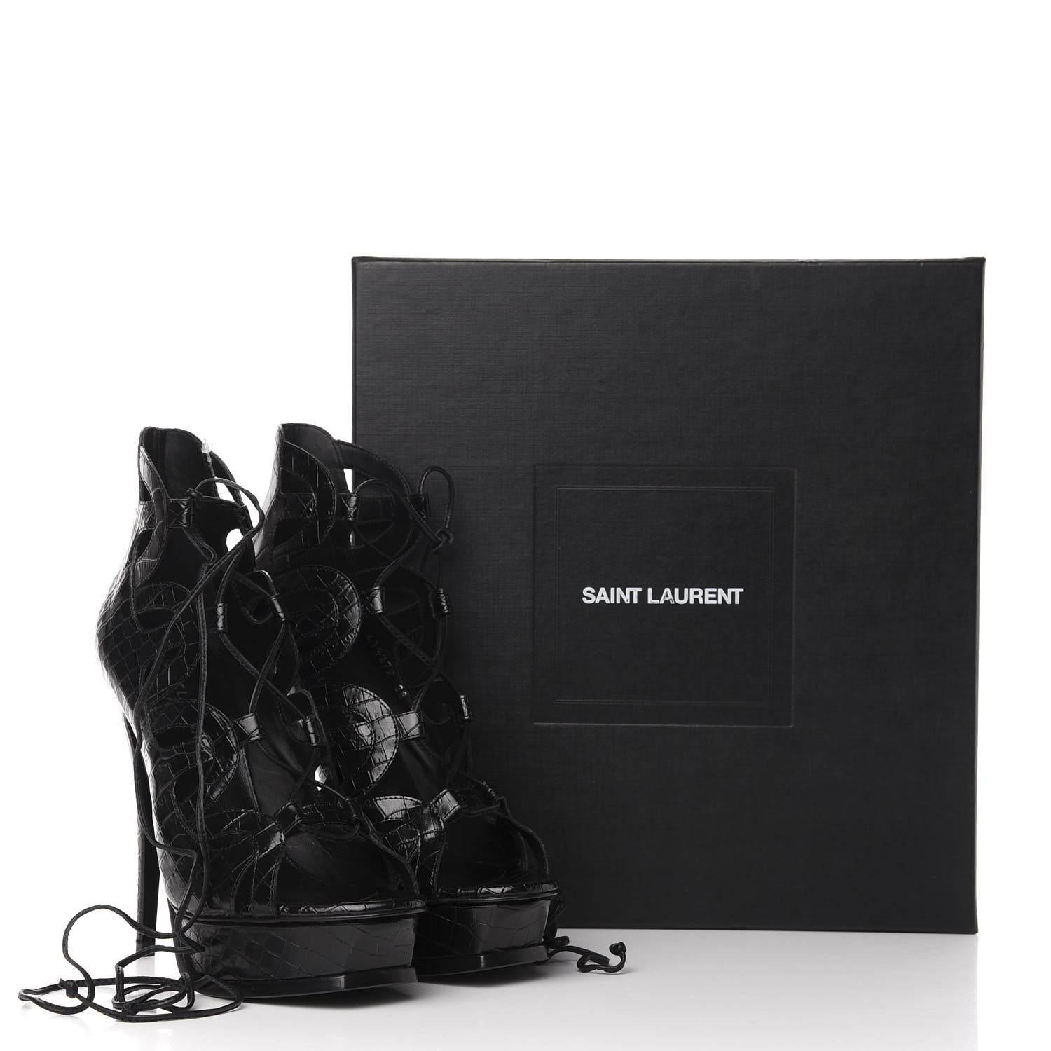 Saint Laurent Calfskin Crocodile Embossed Tribute 16 Lace Up Platform Sandals 38 Black 11 of 11