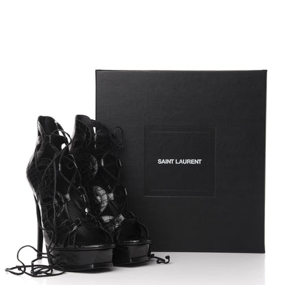 Saint Laurent Calfskin Crocodile Embossed Tribute 16 Lace Up Platform Sandals 38 Black 11 of 11