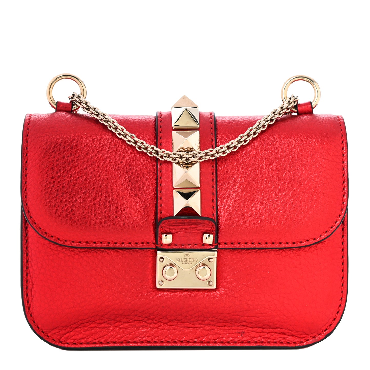 Metallic Vitello Small Glam Lock Rockstud Flap Red
