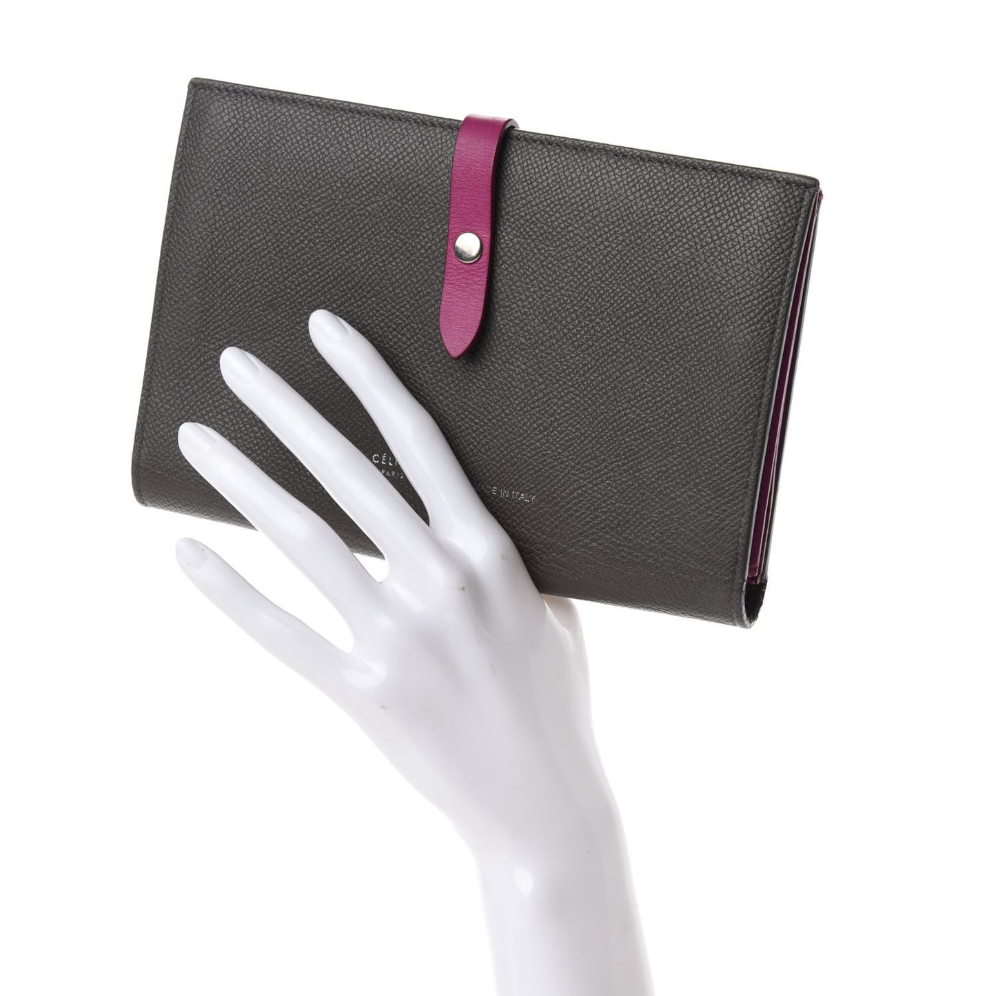 Grained Sleek Calfskin Large Multifunction Strap Wallet Grey