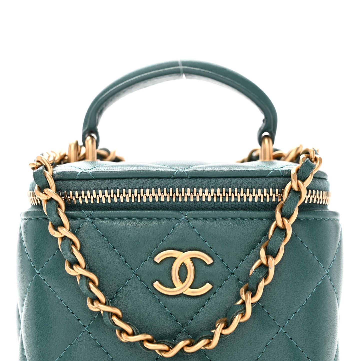 Lambskin Quilted Top Handle Mini Vanity Case With Chain Green