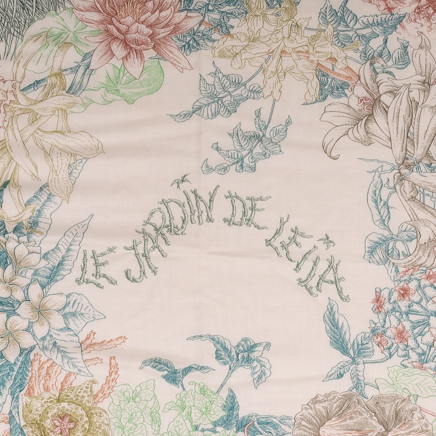 Cashmere Silk Le Jardin de Leila Shawl 140 Blanc Vert Brun