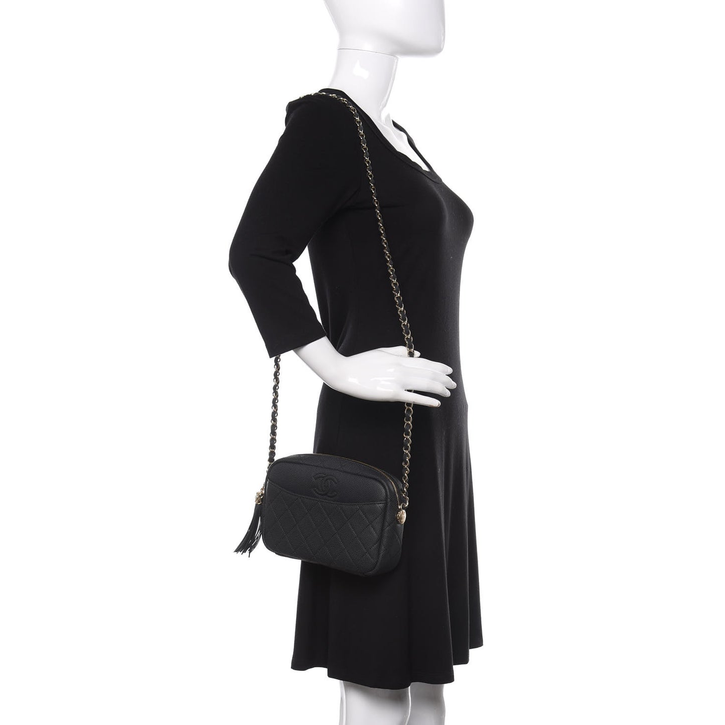 Iridescent Caviar Quilted Small Coco Tassel Camera Case Black