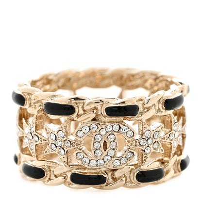 Chanel Metal Crystal Star CC Ring 54 6.75 Gold Black 1 of 5