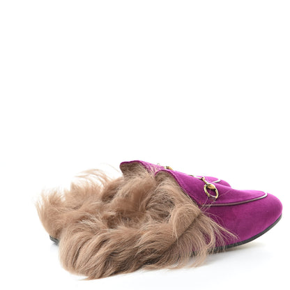 Gucci Velvet Fur Womens Princetown Slippers 37.5 Fucsia Violet Cyclamen Natural 4 of 9