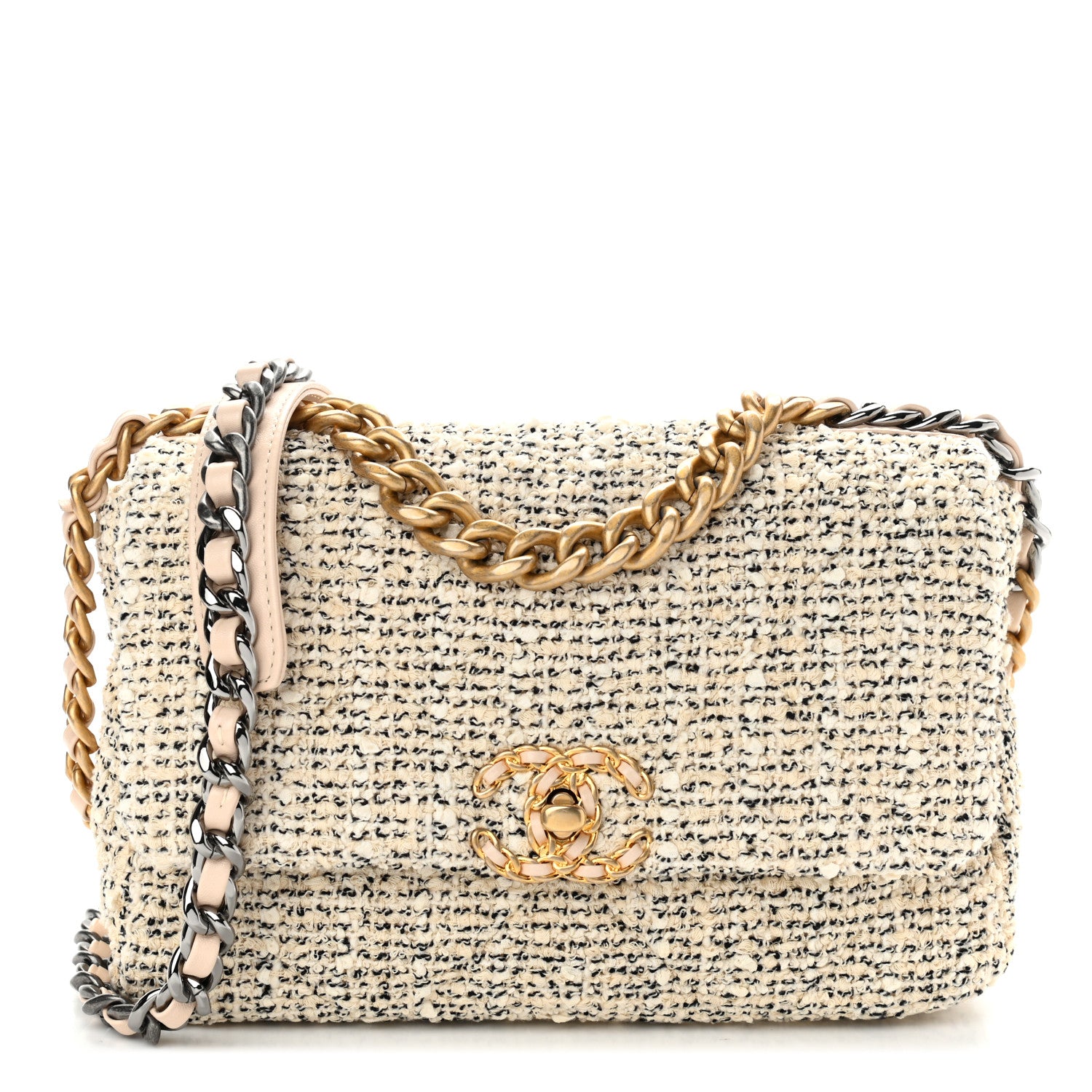 Chanel Tweed Quilted Medium Chanel 19 Flap Ecru Black 1 of 9