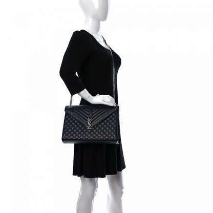 Saint Laurent Grain De Poudre Mixed Matelasse Triquilt Large Monogram Satchel Deep Marine 2 of 10