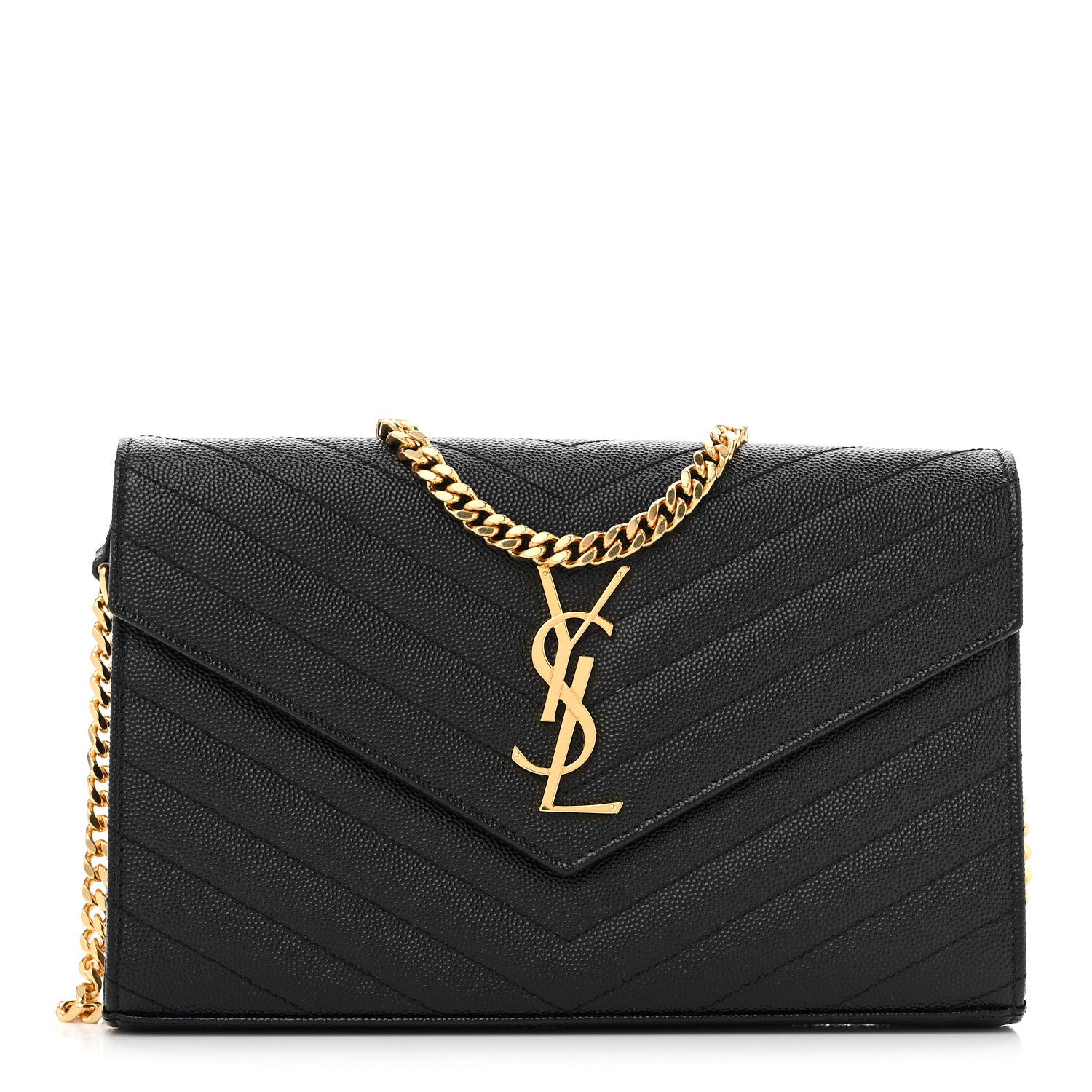 Saint Laurent Grain De Poudre Matelasse Chevron Monogram Chain Wallet Black 1 of 13
