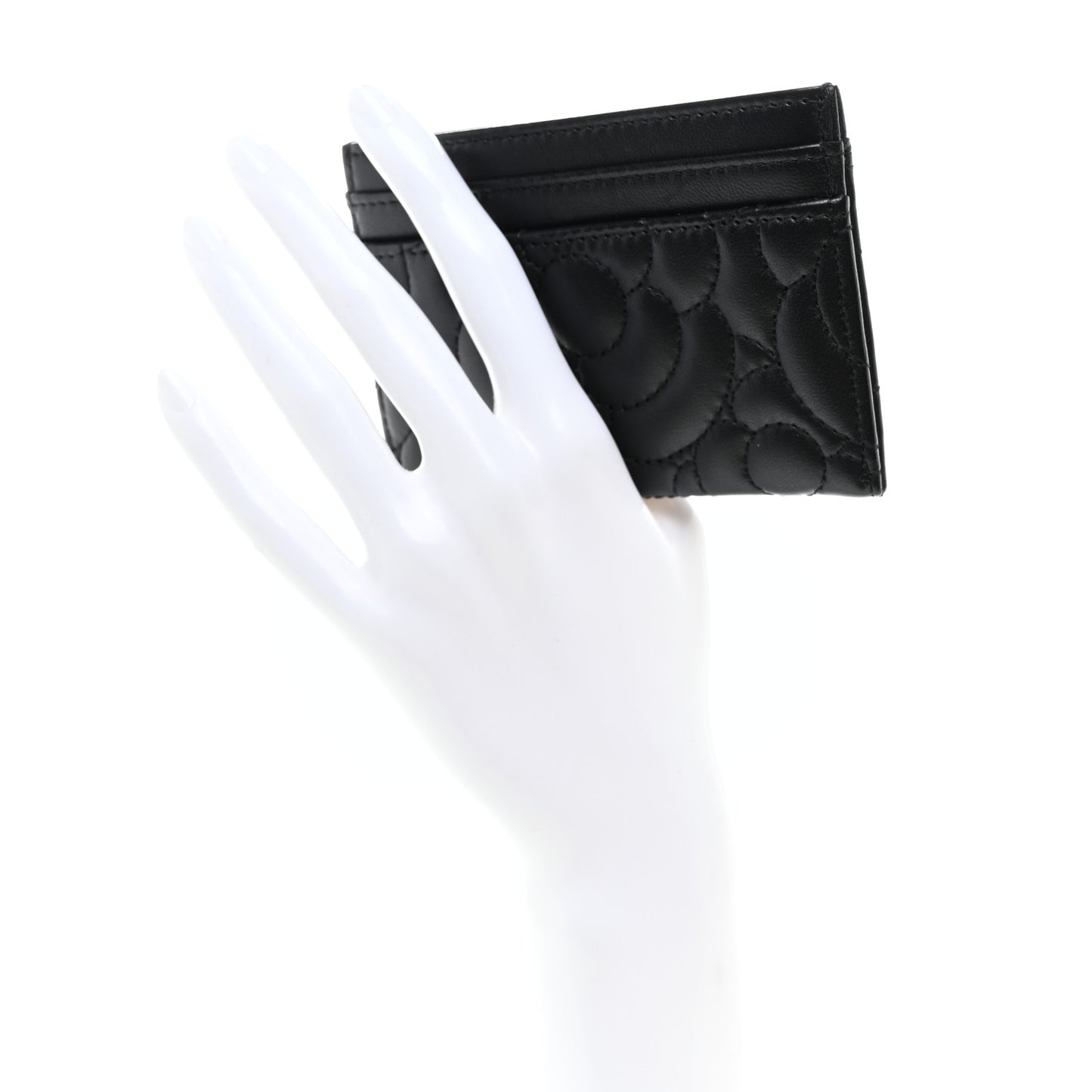 Lambskin Camellia Embossed Card Holder Black