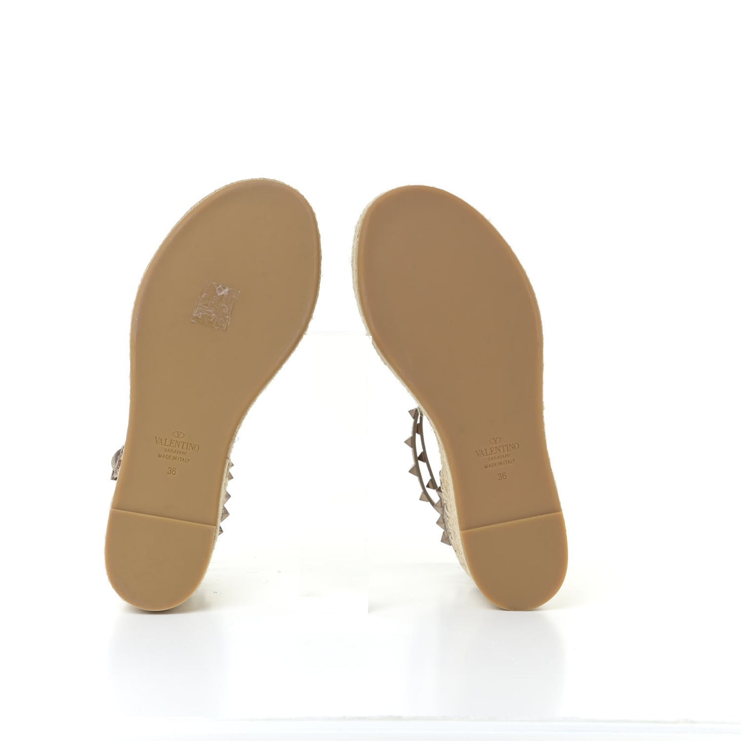 Metallic Grained Calfskin Rockstud Ankle Wrap Espadrille Flatform Sandals 36 Skin Natural
