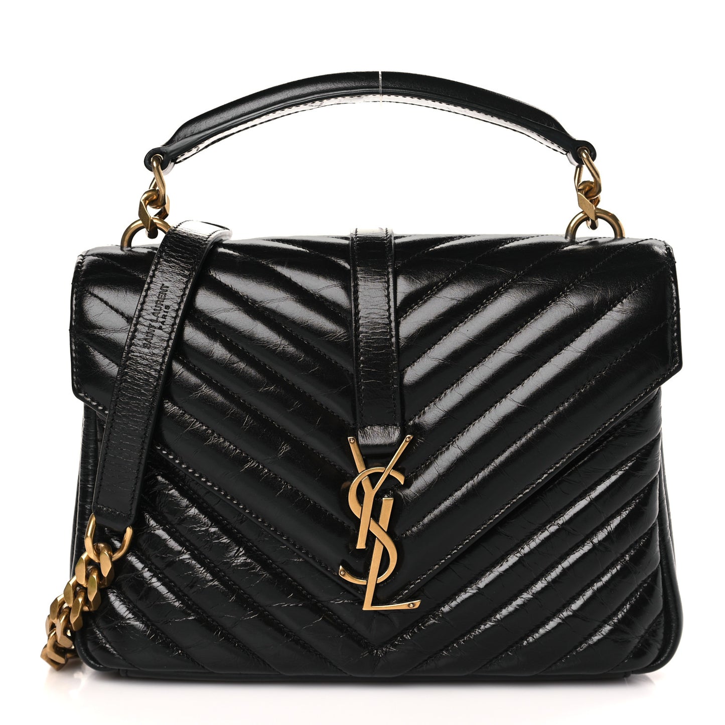 Cracked Shiny Calfskin Matelasse Chevron Monogram Medium College Bag Black